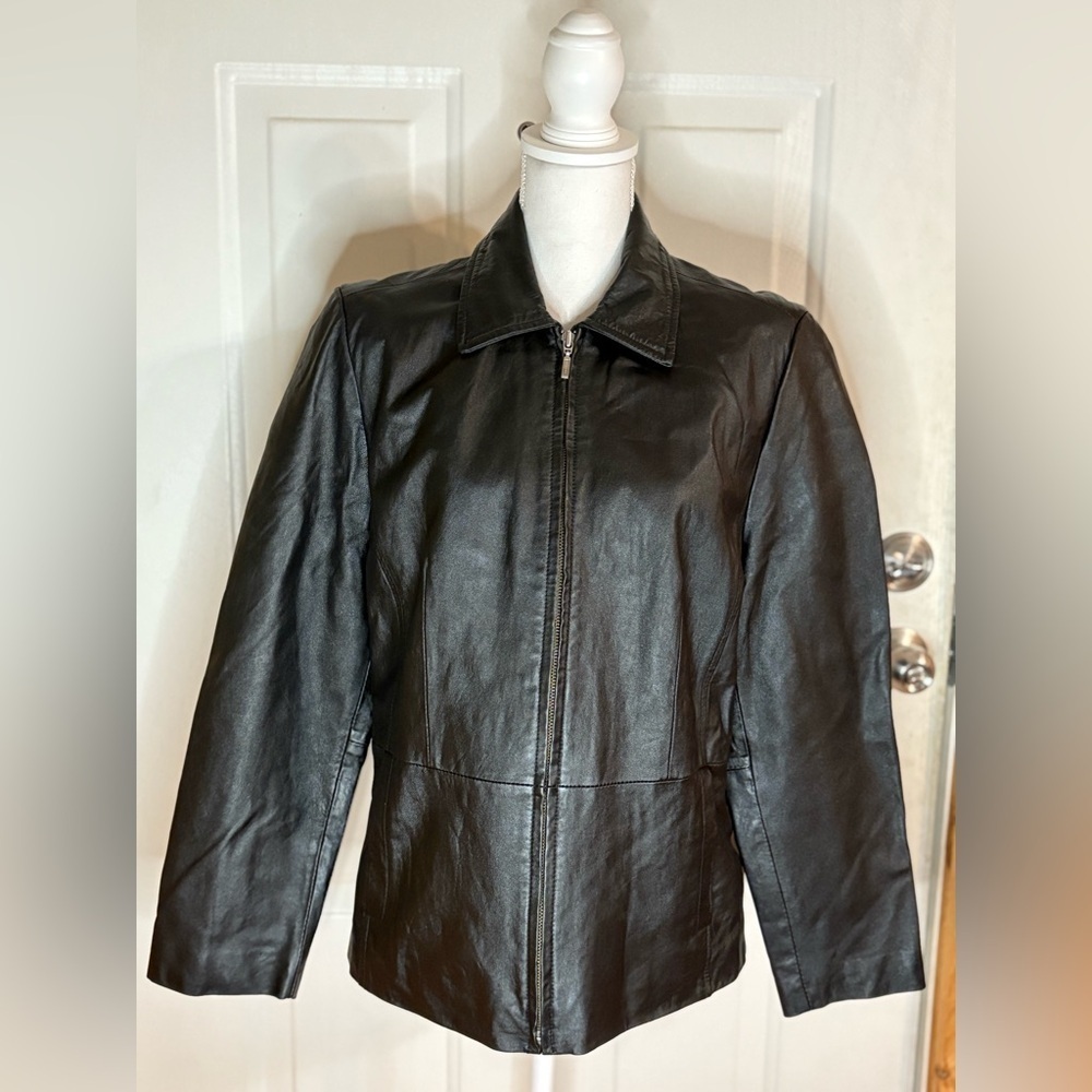 Vtg black lambskin leather zip blazer jacket hand pockets lined stitch details L